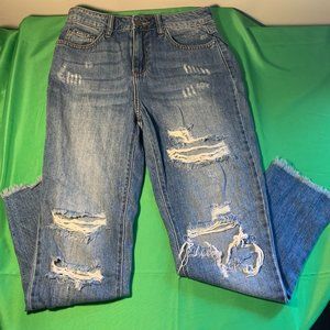 JUNIOR/WOMENS FASHION NOVA DISTRESSED WASHED MOM HIGH WAIST RAW HEM JEANS SZ1